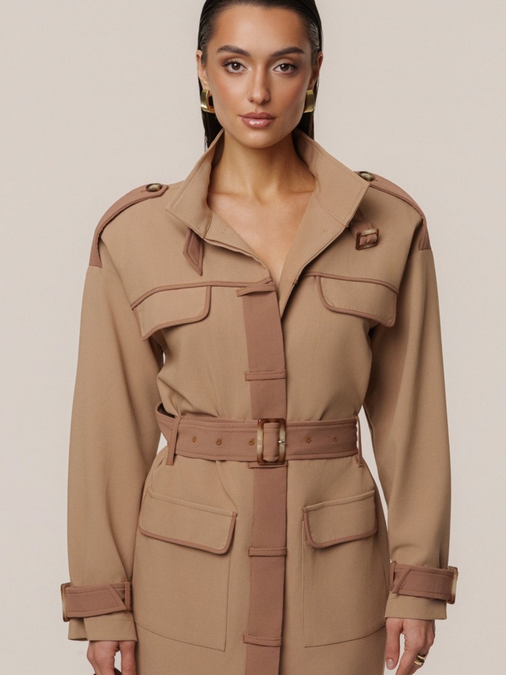 JLUXLABEL Beige Tan Icon Belted Midi Dress Belted Midi Trench Coat Military S - Picture 4 of 9